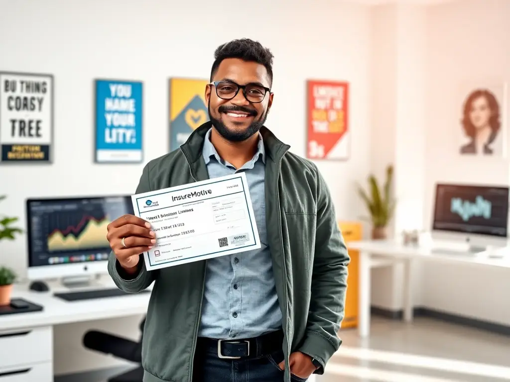 A business owner confidently holding a business license, representing the ease and efficiency of InsureMotive's licensing services.